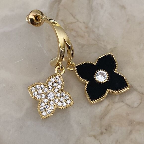 New! Gold Tone Four Leaf Clover Black & Rhinestones Dangle Earrings - Picture 4 of 7